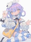  1girl :o \||/ animal_ears bag bandaid bandaid_on_cheek bandaid_on_face bangs black_bow black_choker black_neckwear black_ribbon blue_bow blue_legwear blue_leotard bow center_frills choker cropped_jacket crossed_bangs daizu_(melon-lemon) detached_collar down_jacket eyes_visible_through_hair fake_animal_ears fake_tail fang foot_out_of_frame frills grey_background hair_between_eyes hair_ornament hair_rings hairclip hands_up head_tilt highleg highleg_leotard highres horizontal_stripes jacket jewelry leotard light_purple_eyes light_purple_hair long_sleeves looking_at_viewer medium_hair multicolored_eyes neck_ribbon no_nose off_shoulder open_clothes open_jacket orange_eyes original pale_color parted_lips puffy_long_sleeves puffy_sleeves rabbit_ears rabbit_tail ribbon ring shoes shoulder_bag sidelocks simple_background sitting skin_fang sleeve_bow solo strapless strapless_leotard striped striped_legwear tail tareme thighhighs two-tone_legwear uwabaki wariza white_footwear white_jacket yellow_bag zipper_pull_tab 