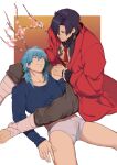  2boys bandaged_foot bandaged_leg bandages bangs black_hair blue_hair blue_shirt boxer_briefs bulge cherry_blossoms chest_tattoo couple dramatical_murder eye_contact feet_out_of_frame hair_between_eyes holding_hands huan_shi_tian_tong japanese_clothes kimono koujaku long_hair looking_at_another male_focus male_underwear medium_hair multiple_boys no_pants no_shirt pectoral_cleavage pectorals ponytail red_kimono seragaki_aoba shirt spread_legs swept_bangs tattoo thighs toned toned_male underwear wet wet_clothes wet_male_underwear white_male_underwear yaoi 