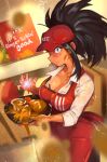  1girl absurdres apron black_hair blush boku_no_hero_academia bra breasts commentary dirty dirty_clothes dirty_face employee_uniform english_commentary fast_food fast_food_uniform food food_on_body food_on_face hat highres kfc khyle. large_breasts looking_at_viewer messy red_apron spill underwear uniform yaoyorozu_momo 