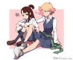  2girls amanda_o&#039;neill arikindows10 arm_on_knee artist_name blue_skirt brown_hair buttons closed_mouth collared_shirt flipped_hair green_eyes jewelry kagari_atsuko kneehighs knees_up little_witch_academia loafers long_sleeves looking_at_another luna_nova_school_uniform medium_hair multicolored_hair multiple_girls necklace on_ground one_eye_closed orange_hair pink_background pleated_skirt ponytail pout red_hair school_uniform shirt shoes short_hair short_ponytail sitting skirt smile sneakers socks squiggle star_(symbol) teeth two-tone_background two-tone_hair uniform wand white_background white_shirt 