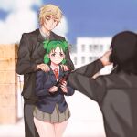  1girl 2boys bags_under_eyes black_suit blazer blonde_hair blurry blurry_foreground crying crying_with_eyes_open day facial_hair goatee graduation green_eyes green_hair hands_on_another&#039;s_shoulders height_difference highres jacket keigi koiwai_yotsuba mr._koiwai multiple_boys older quad_tails red_neckwear school_gateway short_hair taking_picture tearing_up tears teenage yanda yotsubato! 