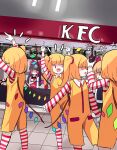 +++ 6+girls :d anger_vein arms_up bangs blonde_hair blunt_bangs bottle closed_eyes cosplay crystal eyebrows_behind_hair fang feet_out_of_frame flandre_scarlet flying_sweatdrops four_of_a_kind_(touhou) gap_(touhou) gloves hakurei_reimu highres holding holding_bottle index_finger_raised kfc mcdonald&#039;s multiple_girls no_hat no_headwear one_side_up open_mouth parody ronald_mcdonald ronald_mcdonald_(cosplay) rumia shirt short_hair smile spraying sseopik standing striped striped_shirt touhou white_gloves wing_collar wings 