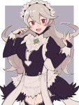  1girl alternate_costume apron bangs black_dress black_legwear blush bow breasts bridal_gauntlets collar corrin_(fire_emblem) corrin_(fire_emblem)_(female) cosplay do_m_kaeru dress eyebrows_visible_through_hair feather_trim felicia_(fire_emblem) felicia_(fire_emblem)_(cosplay) fire_emblem fire_emblem_fates frilled_collar frills grey_hair hair_between_eyes juliet_sleeves large_breasts long_hair long_sleeves looking_at_viewer maid maid_headdress open_mouth pointy_ears puffy_sleeves red_eyes smile solo thighhighs tongue twitter_username waist_apron white_apron white_bow 