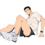  1boy black_shorts casual covered_nipples foot_out_of_frame foreshortening haikyuu!! highres huan_shi_tian_tong looking_at_viewer male_focus nike sawamura_daichi see-through shirt shoes short_hair shorts sneakers solo thighs toned toned_male unfinished wet wet_clothes wet_shirt white_background white_shirt 