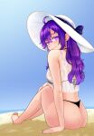  1girl absurdres arm_support ass bangs bare_arms bare_legs barefoot beach beifeng_han bikini black_bikini blue_sky blush breasts commentary_request cowlick earrings glowing glowing_eyes hair_between_eyes halterneck hat highres jewelry long_hair looking_at_viewer looking_back medium_breasts miyaura_sanshio ocean original outdoors pearl_earrings purple_eyes sand see-through shirt sidelocks sky sleeveless smile solo sun_hat swimsuit tank_top thong thong_bikini wet wet_clothes wet_shirt white_headwear white_tank_top 