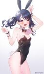  1girl :d animal_ears arm_up armband armpits bare_legs black_leotard blush bow bowtie breasts commentary_request cowboy_shot dark_blue_hair detached_collar fake_animal_ears fang fukumaru_koito heart heart-shaped_pupils highres idolmaster idolmaster_shiny_colors kuri_choko leotard looking_at_viewer looking_to_the_side md5_mismatch open_mouth playboy_bunny rabbit_ears rabbit_tail simple_background skin_fang small_breasts smile smirk solo symbol-shaped_pupils tail twintails wavy_hair white_background wrist_cuffs 