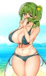  1girl ase_(nigesapo) bangs beach bikini blue_eyes blue_sky blush breasts cleavage cloud covered_nipples covering_mouth cowboy_shot daiyousei eyebrows_visible_through_hair fairy_wings green_hair horizon huge_breasts looking_at_viewer navel o-ring o-ring_bikini ocean one_side_up outdoors sand short_hair signature sky solo standing swimsuit thighs touhou wings 