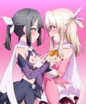  2girls ascot bangs bare_shoulders black_hair blush breasts brown_eyes cape detached_sleeves dress elbow_gloves eye_contact eyebrows_visible_through_hair fate/kaleid_liner_prisma_illya fate_(series) feather_hair_ornament feathers gloves hair_between_eyes hair_ornament hairclip illyasviel_von_einzbern layered_gloves leotard long_hair looking_at_another magical_girl miyu_edelfelt multiple_girls nipple_tweak nipples open_mouth pink_dress pink_gloves prisma_illya purple_leotard purple_sleeves red_eyes rom_(20) sidelocks skirt small_breasts torn_clothes twintails two_side_up white_cape white_gloves white_hair white_skirt yellow_ascot yuri 
