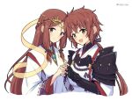  2girls :d armor braid brown_hair cropped_torso crown_hair_ornament fan_la_norne gauntlets gem hagoromo heads_together highres holding_hands japanese_clothes long_hair looking_at_viewer lora_(xenoblade) mochimochi_(xseynao) multiple_girls shawl short_hair short_hair_with_long_locks sidelocks simple_background smile tiara twintails twitter_username upper_body white_background white_robe xenoblade_chronicles_(series) xenoblade_chronicles_2 xenoblade_chronicles_2:_torna_-_the_golden_country yellow_eyes 
