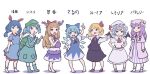  absurdres animal_ears ascot backpack bag bangs barefoot bat_wings black_dress blonde_hair blue_bow blue_dress blue_eyes blue_footwear blue_hair blue_shirt blue_skirt boots bow brooch cirno collared_shirt commentary_request crescent crescent_hat_ornament dress earclip flat_cap flat_chest frilled_shirt frilled_shirt_collar frilled_sleeves frills gourd green_headwear hair_bobbles hair_ornament hair_ribbon hat hat_ornament highres horn_ornament horn_ribbon horns ibuki_suika jewelry kame_(kamepan44231) kawashiro_nitori key long_dress long_hair long_sleeves looking_at_viewer looking_to_the_side looking_up mary_janes medium_hair mob_cap multi-tied_hair multiple_girls neck_ribbon orange_hair outstretched_arms patchouli_knowledge pinafore_dress pink_dress pocket pointing pointing_up puffy_short_sleeves puffy_sleeves purple_eyes purple_hair purple_skirt rabbit_ears red_eyes red_footwear red_neckwear red_ribbon remilia_scarlet ribbon ribbon_trim rubber_boots rumia sash seiran_(touhou) shirt shoes short_dress short_hair short_sleeves short_twintails sidelocks simple_background skirt skirt_set sleeveless smile socks spread_arms star_(symbol) striped striped_dress touhou translation_request twintails two_side_up unamused vertical-striped_dress vertical_stripes very_long_hair vest white_background white_shirt wings 