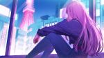  1girl cityscape commentary denim digital_media_player earbuds earphones ekao hololive hololive_english jacket jeans long_hair mori_calliope on_floor pants pink_hair red_eyes sitting tokyo_tower virtual_youtuber window 