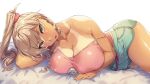  1girl blonde_hair blush breasts can cleavage dark-skinned_female dark_skin highres large_breasts long_hair looking_at_viewer lying on_side original ponytail sajittari shorts solo tan tanlines yellow_eyes 