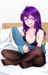  1girl :d bangs bed bed_frame bed_sheet beifeng_han black_legwear breasts cleavage collarbone commentary_request cowlick glowing highres indian_style light_blush lingerie looking_at_viewer medium_breasts miyaura_sanshio negligee no_shoes object_hug on_bed open_mouth original pantyhose pillow purple_eyes purple_hair shark simple_background sitting sleeveless smile soles solo stuffed_animal stuffed_toy teeth underwear upper_teeth white_background 