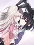  2girls animal_ears bangs black_hair blush breasts brown_eyes fate/kaleid_liner_prisma_illya fate_(series) hair_between_eyes hair_ornament hairclip highres illyasviel_von_einzbern long_hair long_sleeves looking_at_viewer meme_attire miyu_edelfelt moninora multiple_girls navel open_mouth rabbit_ears red_eyes reverse_bunnysuit reverse_outfit shrug_(clothing) sidelocks small_breasts white_hair 