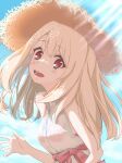  1girl bangs bare_shoulders blue_sky blush breasts dress fate/kaleid_liner_prisma_illya fate_(series) hair_between_eyes hat highres illyasviel_von_einzbern kaji_(pixiv22477612) light_rays long_hair looking_at_viewer open_mouth red_eyes sidelocks sky small_breasts smile solo straw_hat white_dress white_hair 