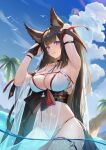  1girl absurdres amagi_(azur_lane) amagi_(wending_waters_serene_lotus)_(azur_lane) animal_ears armpits azur_lane bare_shoulders bird blue_sky blush breasts brown_hair cleavage closed_mouth cloud collarbone covered_navel eyebrows_visible_through_hair feet_out_of_frame from_below hands_in_hair highres large_breasts long_hair looking_at_viewer official_alternate_costume on_water purple_eyes sky solo standing swimsuit thighs water wet white_swimsuit yun_(user367624) 