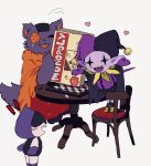  :3 :d black_cape board_game buttons cape cat chair chess_piece chessboard colored_skin deltarune fang hat heart highres jester_cap jevil lancer_(deltarune) monopoly no_humans open_mouth orange_tunic patch playing_games purple_fur purple_skin scar seam_(deltarune) sharp_teeth simple_background smile table tail teeth tunic white_background y_o_u_k_a 