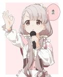  1girl :o argyle argyle_capelet arm_up bangs bow braid braided_bangs brown_eyes capelet commentary_request dress eyebrows_visible_through_hair grey_hair hair_bow hair_over_shoulder highres hisakawa_nagi holding holding_microphone idolmaster idolmaster_cinderella_girls long_hair long_sleeves low_twintails microphone ok_sign parted_lips pink_background puffy_long_sleeves puffy_sleeves solo translated twintails two-tone_background v-shaped_eyebrows very_long_hair white_background white_bow white_dress yukie_(kusaka_shi) 