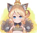  1girl animal_ear_fluff animal_ears animal_hands bangs black_gloves blonde_hair blue_eyes blush_stickers charlotta_(granblue_fantasy) closed_mouth crown eyebrows_visible_through_hair fang fang_out fur_bikini gloves granblue_fantasy hair_between_eyes harvin highres long_hair looking_at_viewer meito_(maze) mini_crown paw_gloves pointy_ears smile solo upper_body 