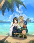  1boy 1girl bird blonde_hair blue_eyes brown_hair cloud commentary_request final_fantasy final_fantasy_x heterochromia japanese_clothes jewelry mountain necklace nini_tw99 ocean palm_tree short_hair tidus tree yuna_(ff10) 