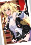  1girl admiral_hipper_(azur_lane) admiral_hipper_(muse)_(azur_lane) azur_lane bare_shoulders belt black_jacket black_legwear black_necktie black_skirt blonde_hair blush breasts cellphone_picture core1013 eyebrows_visible_through_hair feet_out_of_frame fingerless_gloves gloves green_eyes hair_ornament hairclip highres index_finger_raised jacket jacket_pull long_hair looking_at_viewer navel necktie open_mouth shirt simple_background single_glove skirt small_breasts solo standing thighhighs twintails white_gloves white_shirt 