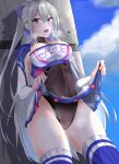  1girl absurdres armpit_crease armpit_cutout azur_lane bangs black_leotard blue_legwear blue_sky blurry blurry_foreground blush bow braid breasts casablanca_(azur_lane) casablanca_(cheer_squad_on_break)_(azur_lane) cheerleader cleavage clothes_lift clothing_cutout cloud commentary_request core1013 covered_navel cowboy_shot crop_top day drop_shadow eyebrows_visible_through_hair hair_between_eyes hair_bow heavy_breathing high_ponytail highres large_breasts leotard leotard_under_clothes lifted_by_self long_hair long_sleeves looking_to_the_side midriff miniskirt official_alternate_costume open_mouth pleated_skirt purple_bow purple_eyes ribbed_legwear sidelocks silver_hair skirt skirt_lift sky solo_focus standing steam sweat taking_picture taut_clothes thighhighs two-tone_skirt wall white_skirt 