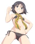  1girl bikini black_bikini black_hair blue_eyes blush brave_witches breasts clenched_hand commentary_request eyebrows_visible_through_hair from_below grin hand_on_hip kanno_naoe looking_at_viewer nanashino navel scarf shiny shiny_hair short_hair side-tie_bikini simple_background small_breasts smile solo swimsuit white_background world_witches_series 