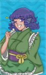  1girl ;d bangs blue_eyes blue_hair drill_hair drill_locks eyebrows_visible_through_hair frilled_kimono frills happy head_fins japanese_clothes kimono long_sleeves mermaid monster_girl one_eye_closed open_mouth sash short_hair smile solo sparkle tan teeth touhou violaviolinn wakasagihime water 