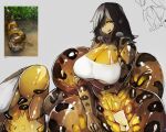  1girl anaconda black_hair breasts cleavage commentary_request comparison curvy fang hair_over_one_eye highres huge_breasts lamia large_breasts monster_girl multiple_views my700 navel nervous_smile original photo_(medium) photo_inset reference_inset snake 
