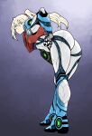  1girl arm_cannon ass bent_over blonde_hair blue_eyes commentary_request hand_on_hip highres looking_at_viewer metroid metroid_dread ponytail power_armor samus_aran tsunamino_yuu weapon 