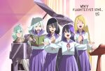  ahoge beret black_hair blonde_hair blue_hair book closed_eyes elizabeth_(vivy) estella_(vivy) glasses grace_(vivy) hair_between_eyes hair_bun hair_over_one_eye hat holding holding_book instrument long_hair matsumoto_(vivy) multiple_girls music music_stand musical_note open_mouth ophelia_(vivy) piano school_uniform serafuku side_ponytail singing smile takahashi_yuuichi very_long_hair vivy vivy:_fluorite_eye&#039;s_song 