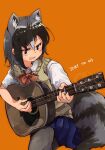  1girl acoustic_guitar alternate_costume animal_ears beige_vest black_hair black_legwear blue_skirt blush bow bowtie collared_shirt commentary_request common_raccoon_(kemono_friends) extra_ears eyebrows_visible_through_hair grey_eyes grey_hair guitar highres instrument kemono_friends multicolored_hair nanana_(nanana_iz) pantyhose pleated_skirt raccoon_ears raccoon_girl raccoon_tail school_uniform shirt short_hair short_sleeves skirt solo sweatdrop tail white_shirt 