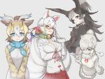  4girls adjusting_eyewear alpaca_ears alpaca_girl alpaca_suri_(kemono_friends) animal_ears ascot bird_girl bird_wings blonde_hair blue_scarf brown_hair circlet don3 extra_ears fox_ears fox_girl fox_tail fur_collar fur_trim giraffe_ears giraffe_girl giraffe_horns giraffe_print grey_ascot hair_bun hair_over_one_eye hair_tubes head_wings horns kemono_friends kyuubi_(kemono_friends) long_hair long_sleeves looking_at_viewer multicolored_hair multiple_girls multiple_tails plaid plaid_skirt pleated_skirt print_sleeves red_skirt scarf semi-rimless_eyewear shirt short_hair sivatherium_(kemono_friends) skirt striated_caracara_(kemono_friends) striped striped_scarf sweater tail two-tone_hair two-tone_neckwear vest white_fur white_hair white_shirt white_sweater white_vest wings yellow_eyes 