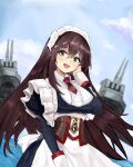  1girl absurdres apron azur_lane blue_eyes brown_hair center_frills curacoa_(azur_lane) dress dutch_angle frills highres juliet_sleeves kesseil long_hair long_sleeves maid_headdress necktie open_mouth outdoors puffy_sleeves red_necktie rigging short_necktie solo teeth upper_teeth water white_apron white_dress 