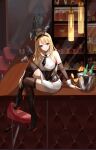  1girl absurdres animal_ears astoria_(azur_lane) astoria_(black_bunny_carnival)_(azur_lane) azur_lane bar bar_stool bare_shoulders black_footwear black_legwear blonde_hair blue_eyes blush boots bottle bow bowtie breasts closed_mouth cocktail_glass cocktail_shaker cup drinking_glass eyebrows_visible_through_hair fake_animal_ears hand_on_leg hand_on_table highres ice knee_boots long_hair looking_at_viewer medium_breasts official_alternate_costume playboy_bunny sama_1421598740 sitting sitting_on_table smile solo stool thighhighs wide_shot 