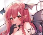  1girl bangs bare_shoulders bat_wings biting black_gloves blush breasts cleavage collar commentary_request eyebrows_visible_through_hair glove_biting gloves grey_background hair_between_eyes hand_up head_wings koakuma large_breasts leash long_hair looking_at_viewer natsuki_(ukiwakudasai) parted_lips pointy_ears red_eyes red_hair simple_background solo touhou upper_body wings 