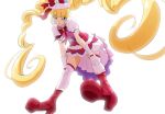  1girl aisaki_emiru bangs blonde_hair blunt_bangs boots cure_macherie dress eyebrows_visible_through_hair fuchi_(nightmare) gloves hugtto!_precure knee_boots long_hair looking_at_viewer looking_down pink_dress pink_footwear precure puffy_short_sleeves puffy_sleeves red_eyes short_sleeves simple_background smile solo thighhighs twintails very_long_hair white_background white_gloves white_legwear 