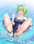  1girl :d animal_ears bare_legs barefoot blush breasts cat_ears cementite commentary competition_school_swimsuit eyebrows_visible_through_hair fang feet foot_focus full_body green_hair highres innertube large_breasts open_mouth original smile soles solo spread_legs swimsuit thighs toenails toes water yellow_eyes 