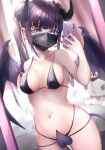  1girl bangs bare_arms bare_shoulders bikini black_bikini blush breasts cellphone cleavage collarbone covering covering_crotch cowboy_shot demon_girl demon_horns demon_tail demon_wings ear_piercing eyebrows_visible_through_hair fingernails heart heart-shaped_pupils highres holding holding_phone horns indoors long_fingernails looking_at_phone mask medium_breasts mirror mole mole_under_eye mouth_mask nail_polish navel original phone piercing purple_eyes purple_hair purple_nails reflection selfie smartphone solo stomach stuffed_toy swimsuit symbol-shaped_pupils tail twintails wings yutoriko_(candy0905) 