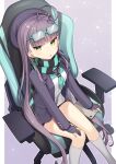  1girl :o ahoge bangs black_gloves blue-framed_eyewear blue_neckerchief blue_scarf blunt_bangs chair commission eyewear_on_head feet_out_of_frame gaming_chair glasses gloves hand_on_lap hat jacket konogi_nogi long_hair long_sleeves looking_at_viewer neckerchief on_chair open_clothes open_jacket original outline partially_fingerless_gloves purple_background purple_hair purple_headwear purple_jacket scarf school_uniform serafuku shirt sitting skeb_commission socks solo striped striped_scarf very_long_hair white_legwear white_outline white_shirt yellow_eyes 