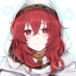  1girl bangs blush closed_mouth commentary_request eyebrows_visible_through_hair fire_emblem fire_emblem:_mystery_of_the_emblem hair_between_eyes highres lena_(fire_emblem) long_hair looking_at_viewer misato_hao outline portrait red_eyes red_hair shiny shiny_hair signature smile solo 