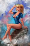  1girl bare_legs blonde_hair blue_eyes blue_swimsuit breasts cleavage cloud eyewear_on_head justin_paul large_breasts lips looking_at_viewer metroid mole mole_under_mouth ocean ponytail rock samus_aran shiny shiny_clothes sitting_on_rock skin_tight skindentation sunglasses swimsuit thick_lips thick_thighs thighs toned 