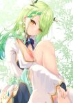  1girl bare_legs barefoot blush braid branch ceres_fauna diamond_(gemstone) earrings flower green_hair green_nails hair_flower hair_ornament highres hololive hololive_english jewelry leaf leaf_background leg_up long_hair looking_at_viewer solo thighs virtual_youtuber yellow_eyes yuto_(yuto_illust_7) 
