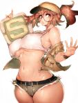  1girl :o abs alternate_breast_size animal baseball_cap blush breasts brown_eyes brown_hair brown_headwear brown_shorts cameltoe cleavage closed_mouth covered_nipples crop_top curvy explosive fio_germi fumio_(rsqkr) glasses grenade gun handgun hat highres hip_vent holding huge_breasts lips looking_at_viewer medium_hair metal_slug metal_slug_tactics midriff nose_blush off_shoulder open_clothes open_vest pistol round_eyewear sagging_breasts short_ponytail short_shorts shorts sleeveless solo_focus standing tablet thick_thighs thighs vest weapon white_background 