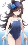  1girl adapted_costume animal_ears black_hair blue_flower blue_headwear blue_rose blue_swimsuit brown_hair flower groin hair_over_one_eye highres horse_ears horse_girl horse_tail long_hair pool_ladder purple_eyes rice_shower_(umamusume) rose school_swimsuit solo swimsuit t373412 tail tilted_headwear umamusume 