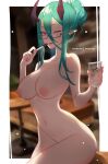  1girl border breasts cleavage cowboy_shot cup demon_girl glasses green_hair hair_bun highres holding holding_cup holding_pen horns indoors large_breasts looking_at_viewer nanoless navel nipples nude one_eye_closed original outside_border pen pointy_ears semi-rimless_eyewear serena_(nanoless) short_hair_with_long_locks sideboob sitting smile solo under-rim_eyewear white_border 