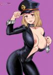  1girl :d arm_up bangs black_headwear blonde_hair bodysuit boku_no_hero_academia bow breasts brown_eyes cleavage collarbone commentary_request contrapposto cowboy_shot gloves hat huge_nipples large_breasts leaning_forward long_hair looking_at_viewer medium_hair navel no_bra open_mouth peaked_cap pink_background redjet shiny shiny_hair shiny_skin simple_background smile solo teeth unzipped upper_teeth utsushimi_kemii watermark web_address 