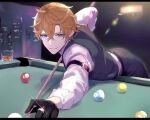  1boy alternate_costume ball bangs billiard_ball billiards black_gloves black_pants black_vest blue_eyes building crossed_bangs cue_stick cup earrings genshin_impact gloves gumilkx hair_between_eyes highres jewelry letterboxed male_focus night orange_hair pants parted_lips pool_table ring shirt single_earring solo sparkle symbol-only_commentary tartaglia_(genshin_impact) vest white_shirt window 