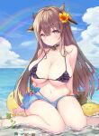 1girl :o animal_ears arms_behind_back azur_lane bangs bare_shoulders beach bikini bikini_skirt bikini_top blue_sky breast_press breasts brown_hair bucket choker cleavage closed_mouth cloud collar collarbone commentary_request cow_ears cow_girl cow_horns day feet flower frilled_bikini frills hair_flower hair_ornament highres horns in_water kashino_(azur_lane) large_breasts legs_together long_hair looking_at_viewer navel otsusou outdoors purple_eyes revision sitting skindentation skirt sky solo swimsuit wardrobe_error wariza water wet 