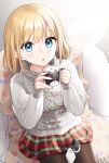  1girl :o blonde_hair blue_eyes blush brown_legwear cellphone cup eyebrows_visible_through_hair grey_sweater highres holding holding_cup konogi_nogi looking_at_viewer medium_hair miniskirt mug original pantyhose phone pleated_skirt red_skirt sitting skirt smartphone smartphone_case solo sweater wide-eyed 